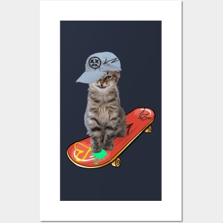 Smiling Kitty on a Skateboard Posters and Art